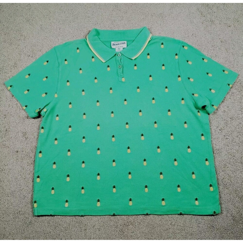 Vintage Pendleton Women's Polo Shirt Pineapple Embroidered Green Tropical Sz XL